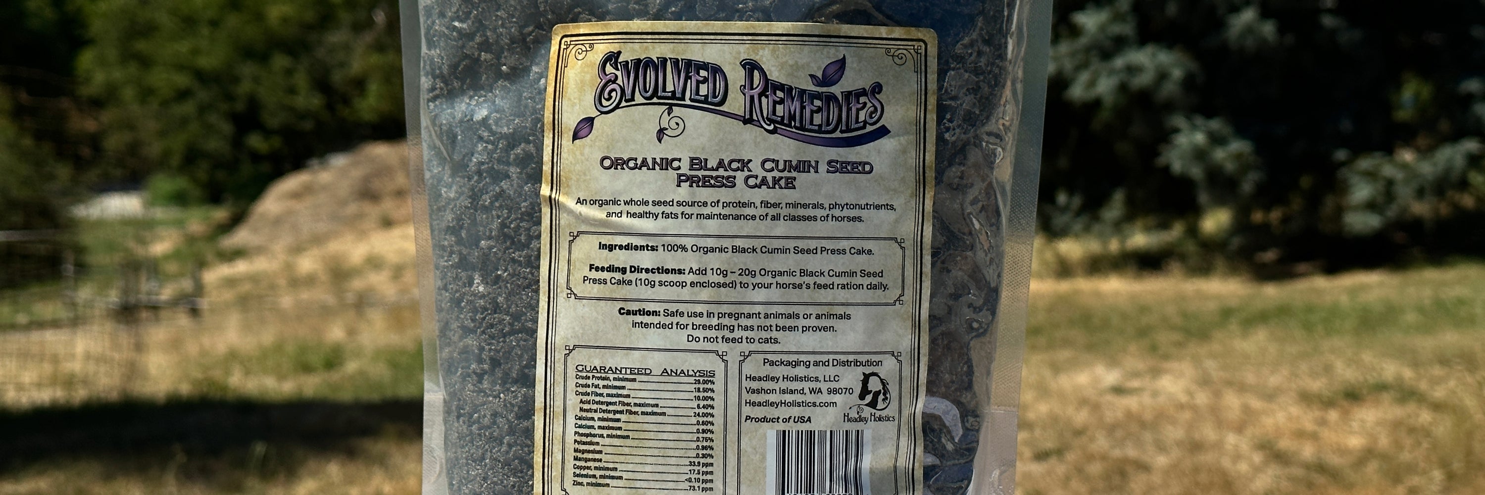 Product photo of Evolved Remedies Organic Black Cumin Seed Press Cake, the best horse supplement for improved immune system function, natural horse fly repellent, best horse hoof supplement and the key to shiny horse coat