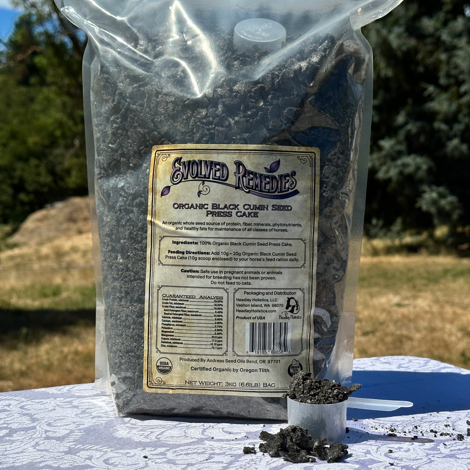 Product Image of Evolved Remedies Organic Black Cumin Seed Press Cake, the best horse supplement for overall wellness, skin, hair and hoof health and a natural horse fly repellent