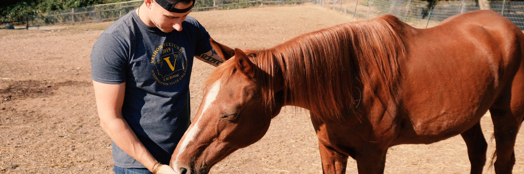 Headley Holistics Co-Founder, Tristan, Sharing a sweet and tender moment with one of their rescued horses, Ranger. Ranger is now healthy and thriving thanks in large part to Evolved Remedies Organic Superfood Supplements for horses
